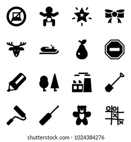 Solid vector icon set - no computer sign vector, baby, christmas star, bow, deer, snowmobile, pear, way road, highlight marker, forest, plant, shovel, paint roller, awl, bear toy, Tic tac toe