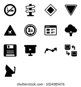 Solid vector icon set - no smoking sign vector, road signpost, main, giving way, airport, limited height, website, upload cloud, save, presentation board, chart point arrow, data exchange