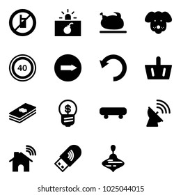 Solid vector icon set - no mobile sign vector, terrorism, turkey, dog, speed limit 40 road, only right, undo, basket, dollar, business idea, skateboard, satellite antenna, wireless home, usb wi fi