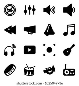 Solid vector icon set - no horn vector road sign, settings, volume max, low, fast backward, loudspeaker, bell, music, wireless headphones, playback, record button, guitar, tambourine, drum, toy