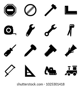 Solid vector icon set - no way vector road sign, limit, sledgehammer, corner ruler, measuring tape, wrench, plumber, screwdriver, nail, bolt, dowel, metal hacksaw, excavator toy, train