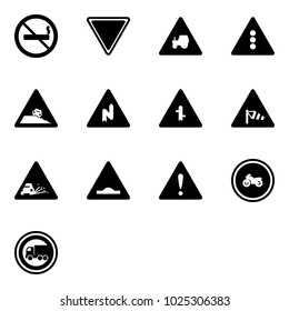 Solid vector icon set - no smoking sign vector, giving way road, tractor, traffic light, steep roadside, abrupt turn right, intersection, side wind, gravel, artificial unevenness, attention, moto