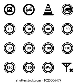 Solid vector icon set - no computer sign vector, smoking, road cone, truck, speed limit 10, 30, 40, 50, 80, 90, 100, 110, 120, 130, bike, signal