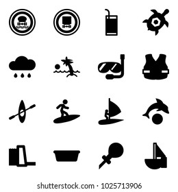 Solid vector icon set - no dangerous cargo vector road sign, drink, sea turtle, rain cloud, palm, diving, life vest, kayak, surfing, windsurfing, dolphin, water power plant, basin, oiler