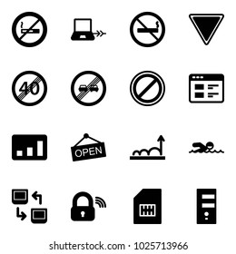 Solid vector icon set - no smoking sign vector, notebook connect, giving way road, end speed limit, overtake, parking, website, statistics, open, growth, swimming, data exchange, wireless lock, sim