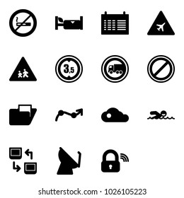 Solid vector icon set - no smoking sign vector, hotel, schedule, airport road, children, limited height, truck, parking, folder, chart point arrow, cloud, swimming, data exchange, satellite antenna
