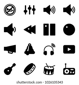 Solid vector icon set - no horn vector road sign, settings, volume max, medium, low, fast backward, pause, record, loudspeaker, bell, wireless headphones, playback, guitar, tambourine, drum, radio