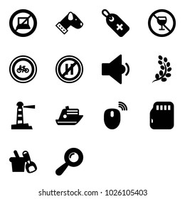 Solid vector icon set - no computer sign vector, dog, medical label, alcohol, bike road, parking even, low volume, golden branch, lighthouse, cruiser, mouse wireless, micro flash card, shovel bucket