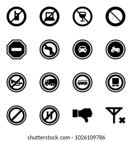 Solid vector icon set - no mobile sign vector, computer, alcohol, prohibition road, way, left turn, car, moto, horn, truck, bus, dangerous cargo, parking, even, dislike, signal