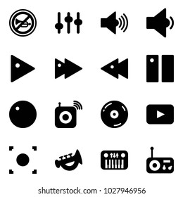 Solid vector icon set - no horn vector road sign, settings, volume max, low, play, fast forward, backward, pause, record, wireless speaker, cd, playback, button, toy, piano, radio