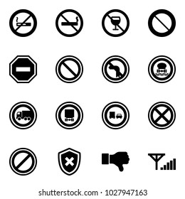 Solid vector icon set - no smoking sign vector, alcohol, prohibition road, way, left turn, dangerous cargo, truck, overtake, stop, parking, shield cross, dislike, fine signal