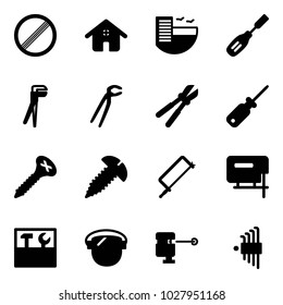 Solid vector icon set - no limit vector road sign, home, hotel, chisel, plumber, bolt cutter, screwdriver, screw, metal hacksaw, jig saw, tool box, protect glass, laser lever, allen key set