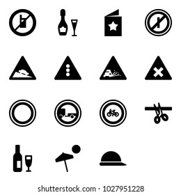 Solid vector icon set - no mobile sign vector, wine, star postcard, parkin odd, steep descent road, traffic light, gravel, railway intersection, prohibition, trailer, bike, opening, beach