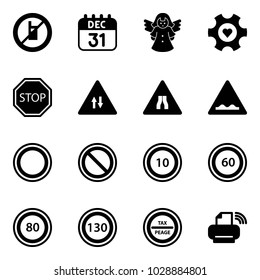 Solid vector icon set - no mobile sign vector, 31 dec calendar, angel, heart gear, stop road, oncoming traffic, narrows, rough, prohibition, speed limit 10, 60, 80, 130, tax peage, printer wireless