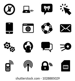 Solid vector icon set - no mobile sign vector, notebook connect, bow message, cursor, phone, browser globe, friends, mail, gears, man, dialog, first satellite, antenna, wireless lock, sim
