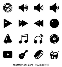 Solid vector icon set - no horn vector road sign, volume max, medium, low, play, fast forward, backward, record, bell, music, wireless headphones, cd, playback, guitar, tambourine, drum