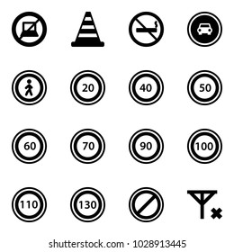 Solid vector icon set - no computer sign vector, road cone, smoking, car, pedestrian, speed limit 20, 40, 50, 60, 70, 90, 100, 110, 130, parking, signal