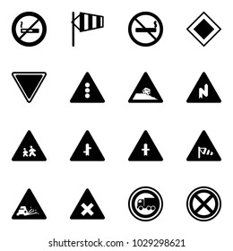 Solid vector icon set - no smoking sign vector, side wind, main road, giving way, traffic light, steep roadside, abrupt turn right, children, intersection, gravel, railway, truck, stop