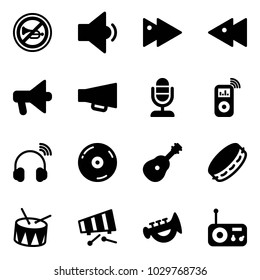 Solid vector icon set - no horn vector road sign, low volume, fast forward, backward, loudspeaker, microphone, music player, wireless headphones, cd, guitar, tambourine, drum, xylophone, toy, radio