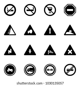 Solid vector icon set - no smoking sign vector, alcohol, way road, landslide, tractor, traffic light, steep roadside, abrupt turn right, intersection, side wind, railway, moto, truck, overtake