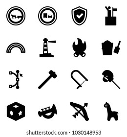 Solid vector icon set - no cart horse vector road sign, truck overtake, shield check, win, rainbow, lighthouse, fire, bucket scoop, bezier, sledgehammer, fretsaw, stick toy, cube, horn, bow, giraffe