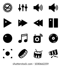 Solid vector icon set - no horn vector road sign, settings, volume max, medium, play, fast forward, backward, pause, record, music, wireless speaker, cd, button, tambourine, drum, xylophone