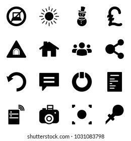 Solid vector icon set - no computer sign vector, sun, snowman, pound, tunnel road, home, group, share, undo, chat, standby, document, server wireless, camera, record button, oiler