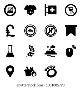 Solid vector icon set - no computer sign vector, dog, first aid room, alcohol, pound, bike road, parking even, flag, flask, golden branch, mountains, mouse wireless, navigation pin, shovel bucket