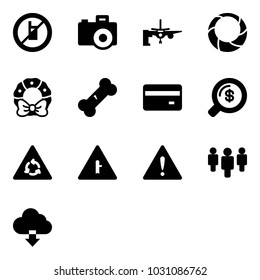 Solid vector icon set - no mobile sign vector, camera, boarding passengers, christmas wreath, broken bone, credit card, money search, round motion road, intersection, attention, group