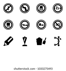 Solid vector icon set - no parkin odd, left turn vector road sign, dangerous cargo, limited width, cart horse, truck overtake, end minimal speed limit, highlight marker, pennant, bucket scoop