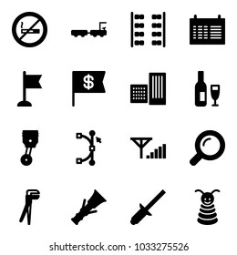 Solid vector icon set - no smoking sign vector, baggage truck, plane seats, schedule, flag, dollar, building, wine, piston, bezier, fine signal, magnifier, plumber, dowel, clinch, pyramid toy