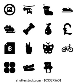 Solid vector icon set - no computer sign vector, helicopter, christmas sock, snowmobile, santa sleigh, broken bone, pear, pound, account statement, victory, butterfly, bike, atom core, crocodile