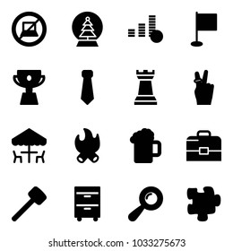 Solid vector icon set - no computer sign vector, snowball tree, coin, flag, cup, tie, chess tower, victory, outdoor cafe, fire, beer, case, rubber hammer, tool cabinet, beanbag, puzzle