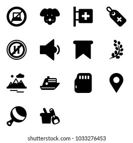 Solid vector icon set - no computer sign vector, dog, first aid room, medical label, parking even road, low volume, flag, golden branch, mountains, cruiser, micro flash card, navigation pin, beanbag