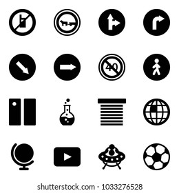 Solid vector icon set - no mobile sign vector, cart horse road, only forward right, detour, end minimal speed limit, pedestrian way, pause, round flask, jalousie, globe, playback, ufo toy