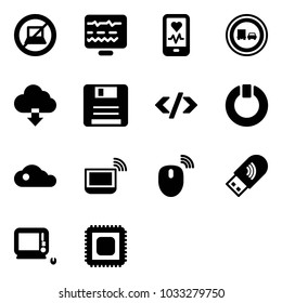 Solid vector icon set - no computer sign vector, diagnostic monitor, mobile heart, truck overtake road, download cloud, save, tag code, standby, notebook wi fi, mouse wireless, usb, monoblock pc