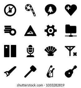 Solid vector icon set - no mobile sign vector, lollipop, merry christmas message, heart, coin, car crash road, gear, network folder, pause, microphone, shell, signal, saw, rubber hammer, winch