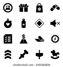 Solid vector icon set - no computer sign vector, gift, shop bag snowflake, pills, stopwatch heart, milk, main road, volume off, list, dollar, mat, sun power, chevron, nail dowel, crown drill