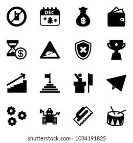 Solid vector icon set - no mobile sign vector, christmas calendar, money bag, wallet, account history, climb road, shield cross, cup, growth, pyramid flag, speaker, paper fly, flower, robot, trowel