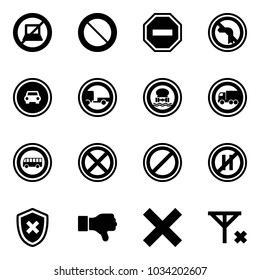 Solid vector icon set - no computer sign vector, prohibition road, way, left turn, car, trailer, dangerous cargo, truck, bus, stop, parking, even, shield cross, dislike, delete, signal