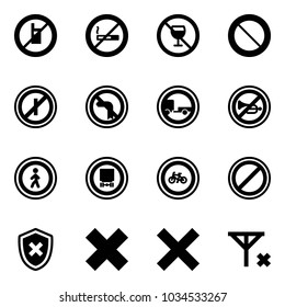 Solid vector icon set - no mobile sign vector, smoking, alcohol, prohibition road, parkin odd, left turn, trailer, horn, pedestrian, dangerous cargo, bike, parking, shield cross, delete, signal