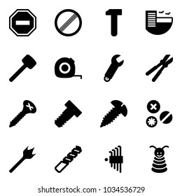 Solid vector icon set - no way vector road sign, limit, work, hotel, rubber hammer, measuring tape, wrench, bolt cutter, screw, rivet, wood drill, allen key set, pyramid toy