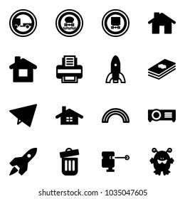 Solid vector icon set - no trailer vector road sign, dangerous cargo, home, printer, rocket, dollar, paper fly, rainbow, projector, trash bin, laser lever, toy monster