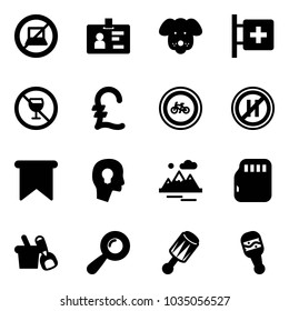 Solid vector icon set - no computer sign vector, identity, dog, first aid room, alcohol, pound, bike road, parking even, flag, head bulb, mountains, micro flash card, shovel bucket, beanbag