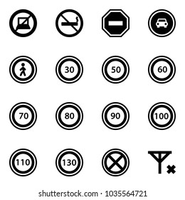 Solid vector icon set - no computer sign vector, smoking, way road, car, pedestrian, speed limit 30, 50, 60, 70, 80, 90, 100, 110, 130, stop, signal