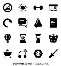 Solid vector icon set - no computer sign vector, sun, barbell, receipt, redo, chat, bell, document, air balloon, sand clock, award, butterfly, grill, wireless headphones, nut, clinch