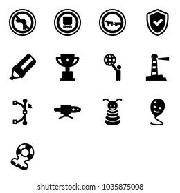 Solid vector icon set - no left turn vector road sign, dangerous cargo, cart horse, shield check, highlight marker, win cup, world, lighthouse, bezier, pipe welding, pyramid toy, balloon smile