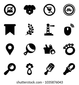 Solid vector icon set - no computer sign vector, dog, alcohol, bike road, flag, golden branch, lighthouse, mouse wireless, navigation pin, beanbag, shovel bucket