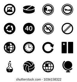 Solid vector icon set - no computer sign vector, pill, trailer road, cart horse, circle, minimal speed limit, end, globe, time, reload, pause, round flask, volleyball