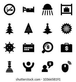 Solid vector icon set - no smoking sign vector, hotel, shower, baggage room, christmas tree, firework, virus, schedule, money search, case, chess queen, success, dialog, mouse wireless
